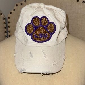 White LSU Cap with Embroidered Paw